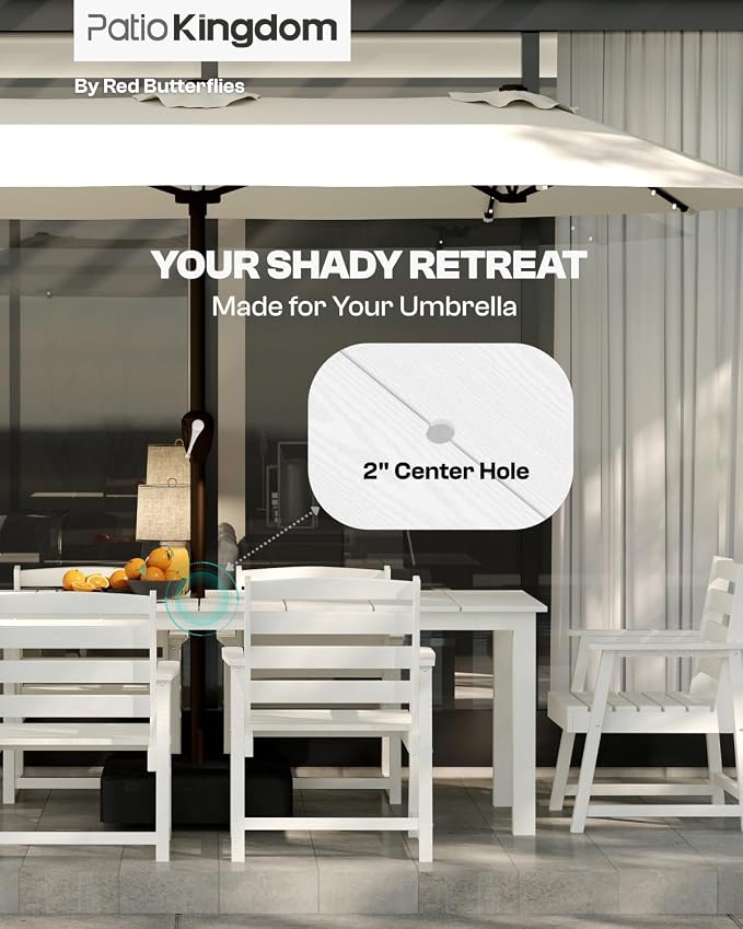 9-Piece Outdoor Dining Set with 11FT Umbrella for 8,White | 75.2'' HDPE table, chairs included, weather-resistant furniture with hole, ideal for lawn, poolside, yard, garden, deck