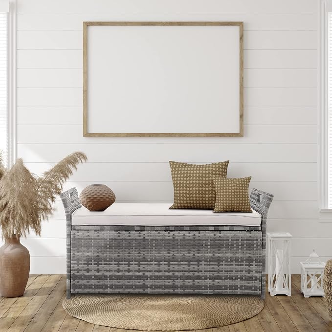 33 Gallon Outdoor Wicker Storage Bench with Cushion,Footstool Locker,Rattan Deck Storage Box with Handles & Hydraulics for Patio Furniture,Cushions,Garden Tools,Pool & Sports Equipment
