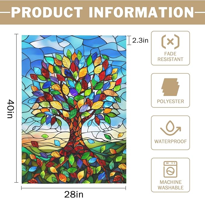 Stained Glass Tree Life House Flag 28 x 40 Double Sided for Outside Large Seasonal Garden Flags Spring Summer Fall Banner Outdoor Lawn Decoration