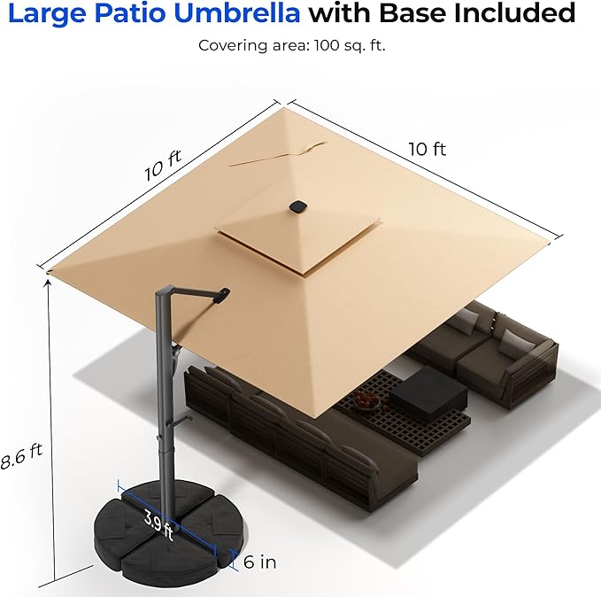 HOMSHADE 10 ft Square Cantilever Patio Umbrella with Base Included, Solar Lights Large Umbrella Outdoor Patio with 360°Rotation&Tilting, LED Lighted Offset Umbrellas w/Stand for Pool Deck