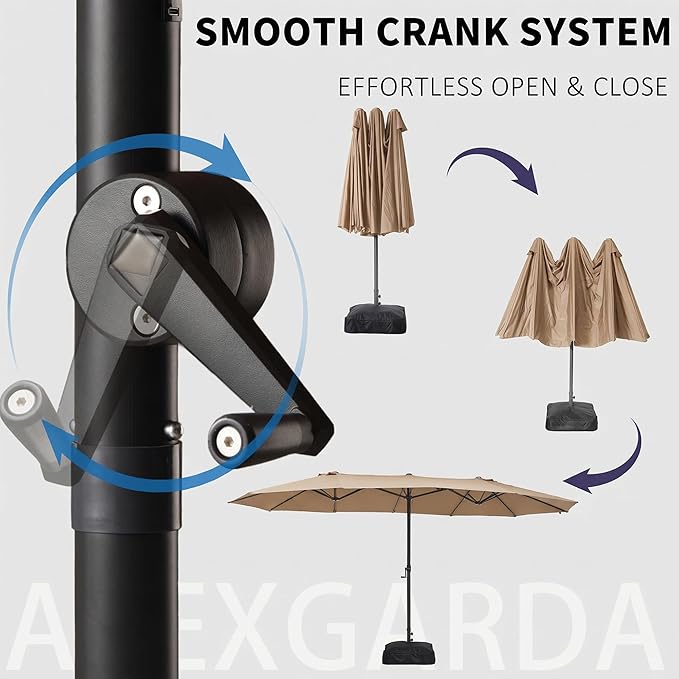 15FT Large Double Sided Patio Umbrella with Base, Aluminum Crank and Heavy Duty Carbon Steel Ribs Outdoor Umbrellas, Fade Resistant Rectangular Market Umbrella for Pool, Deck, Commercial, Backyard, Patio, Rental, Beige