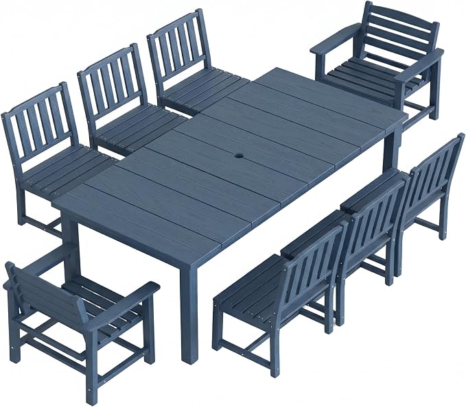 Kingdura 9 Piece Patio Dining Set for 8, 75.2'' HDPE Outdoor Dining Table Set with 2" Umbrella Hole, Weather-Resistant Outdoor Furniture, Table and Chairs Set for Backyard Pool Garden, Navy Blue