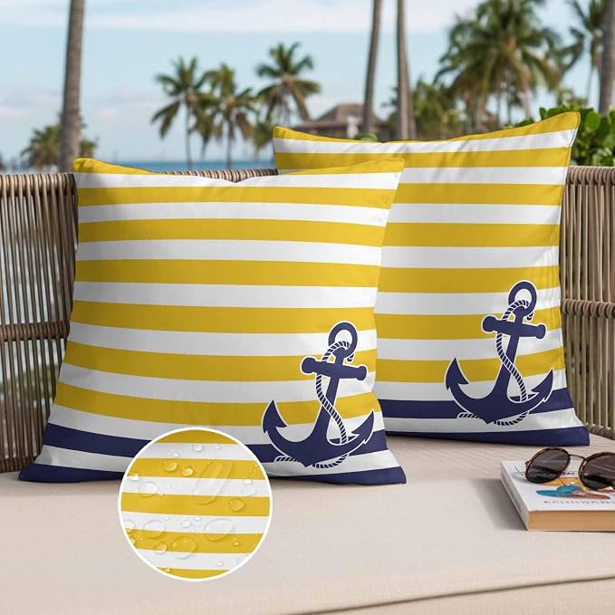 Throw Pillow Covers 18x18 Inch Set of 2, Yellow Striped Waterproof Outdoor Cushion Covers, Navy Blue Nautical Anchor Geometric Decorative Pillowcases for Couch, Sofa, Bed, Garden, Patio