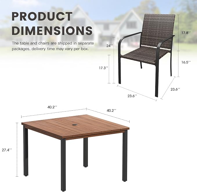 Outdoor Dining Set for 4, 40.2" Metal Square Outdoor Dining Table with Umbrella Hole and Wicker Stackable Patio Chairs, 5 Pieces Patio Table and Chairs Set for Garden Backyard, Walnut