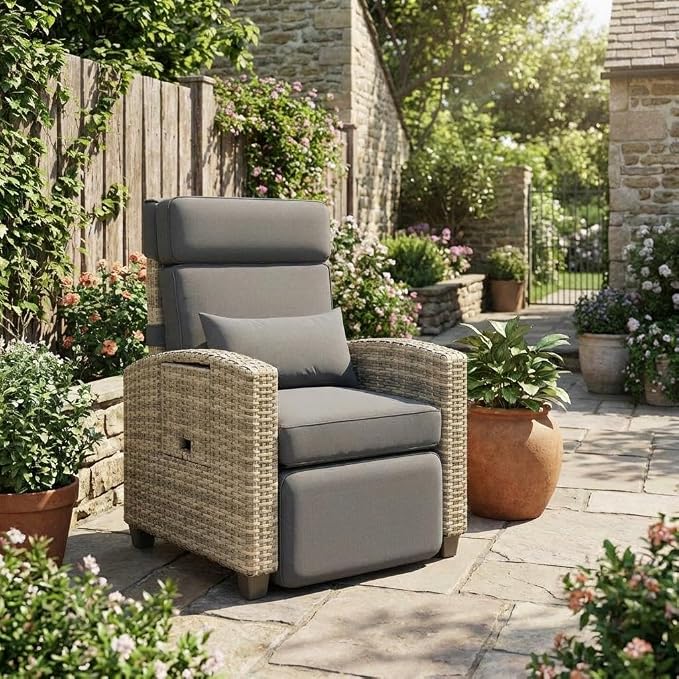 Outdoor Wicker Gas Lift Chair with Cushion, 145° Adjustable PE Rattan Patio Chair with Metal Frame, Height Adjustable Lounge Chair for Garden, Patio, Balcony & Backyard,Gray White Gradient Wicker,Gray