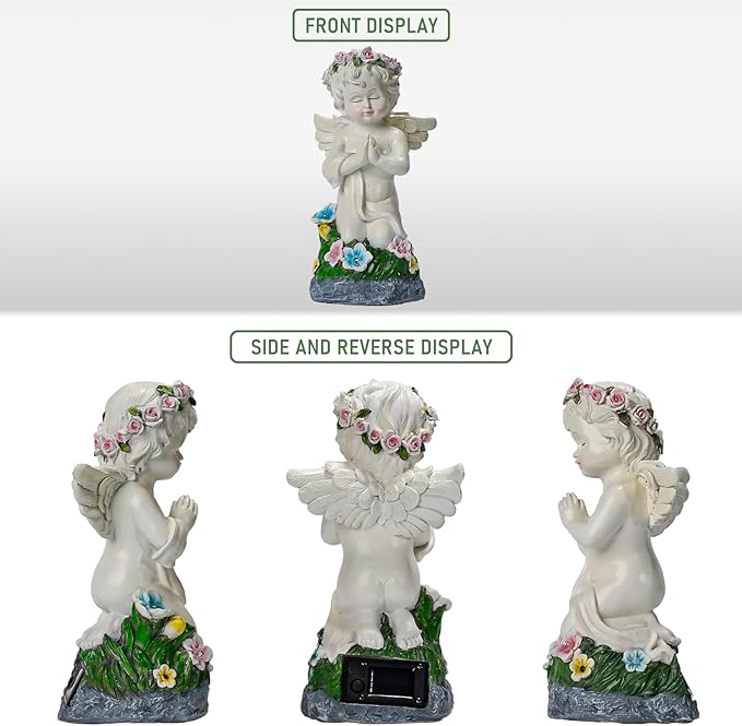 Solar Powered Angel Statue for Garden, Outdoor Spiritual Decorations for Patio Lawn Cemetery, Illuminated Seraphim Figurine with Warm Light, Gift for Women Religious Faith Ornament, Rustproof Resin