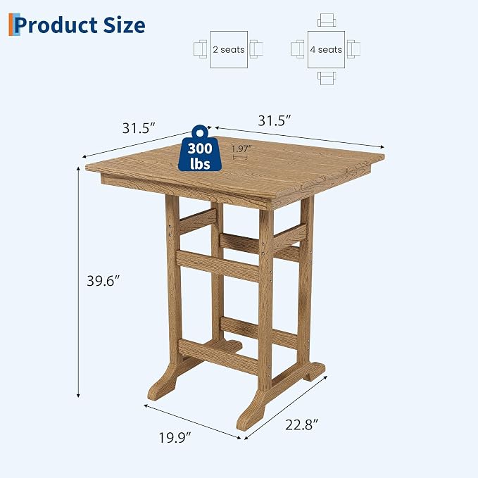 GarveeLife Outdoor Counter Height Bar Dining Table, HDPE Wood Grain Tall Bar Table – 39.6" High Square Pub Table, Cocktail Bistro Table Fits, for Patio, Garden, Poolside, Balcony & Yard (Brown)