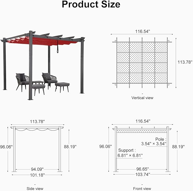 PURPLE LEAF 10' X 10' Outdoor Retractable Pergola with Sun Shade Canopy Patio Metal Shelter for Garden Porch Beach Pavilion Grill Gazebo Modern Yard Grape Trellis Pergola, Terra