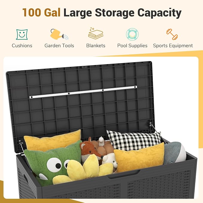 Moccha 100-Gallon Outdoor Storage Box - Waterproof Resin Deck Box with Lockable Lid & Wheels, Faux Rattan Outdoor Storage Bench for Pool Accessories, Garden Tool, Patio Furniture Cushion (Grey)