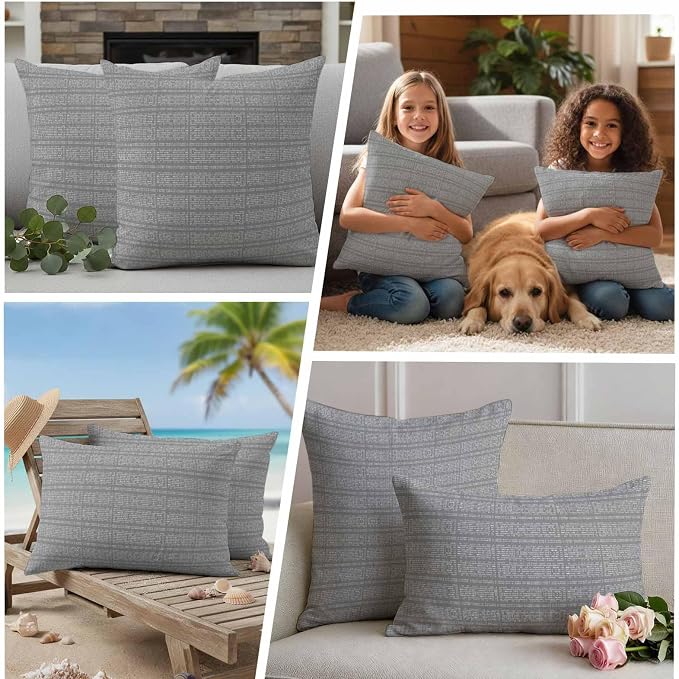 Outdoor Waterproof Throw Pillow Covers Set of 2 Stripes Grain Pillowcases 20x20 Inches Grey Solid Color Decorative Pillows Cushion Case Patio Pillows for Couch Bed Chair Garden