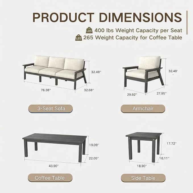 Kingdura HDPE Patio Furniture Set, 9 Piece Outdoor Sectional Sofa with Coffee Table & Side Table, All Weather Outdoor Couch Conversation Set with Washable Cushions for Backyard Poolside Balcony