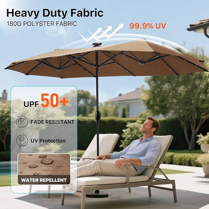FREE SOLDIER 13ft Patio Umbrella with 36 LED Solar Lights Double Sided Outdoor Umbrella for Patio Table Umbrella with Solar lights for Garden Yard Pool (Tan)