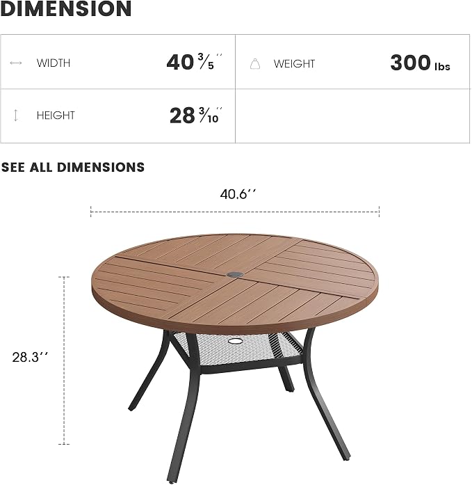 Patio Dining Table for 4, Round Metal Outdoor Table with Storage Shelf, 1.57" Umbrella Hole, 41" Outdoor Quartered Tabletop Dining Table for Backyard, Porch, Lawn, Walnut