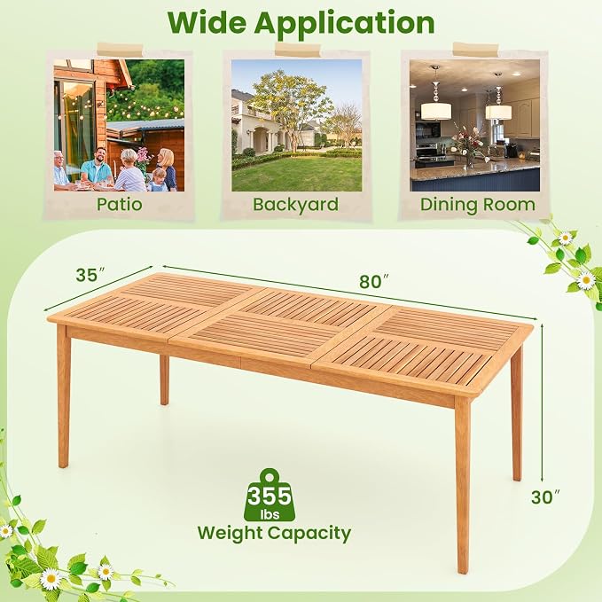 Tangkula 8-Person Outdoor Acacia Wood Dining Table, 79" x 35" Rectangular DiningTable with 1.96" Umbrella Hole, Outdoor Patio Table for Deck, Garden, Poolside and Backyard, Natural