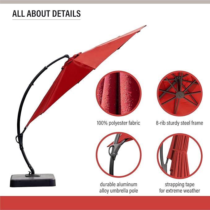 LAUSAINT HOME 11ft Patio Cantilever Umbrella with Base Included, Outdoor Curvy Round Offset Umbrella, Heavy Duty Aluminum, 360° Rotation for Pool, Deck, Lawn, Backyard (Red)