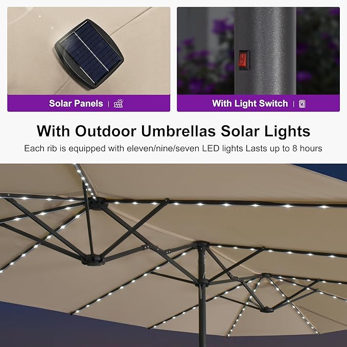 PURPLE LEAF 14ft Patio Umbrella with Solar Lights Outdoor Double-Sided Market Umbrella with Base Included Rectangle Table Umbrella for Pool Garden Backyard, Khaki