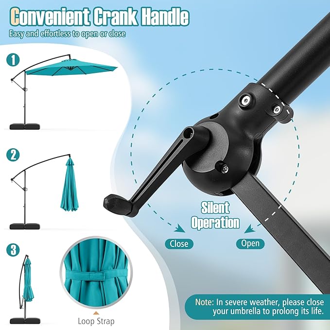 Tangkula 10ft Patio Umbrella with Base Included, Offset Cantilever Outdoor Umbrella with Infinite Tilt, 360 Degree Rotation, Crank Handle, Sun-Protective Canopy for Pool Deck Garden Backyard (Turquoise)