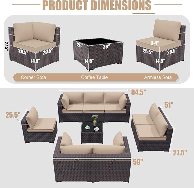 ALAULM 9 Pieces Patio Furniture Set Wicker Patio Conversation Set with 4 Corner Sofas, Outdoor Sectional Furniture w/Coffee Table & Washable Seat Cushions-Sand