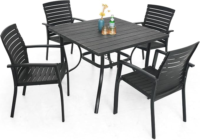 Anmutig Outdoor Dining Table with 1.6" Umbrella Hole, 37" Square Plastic Patio Table with Metal Steel Frame for Picnic, Garden, Poolside, Backyard, Black