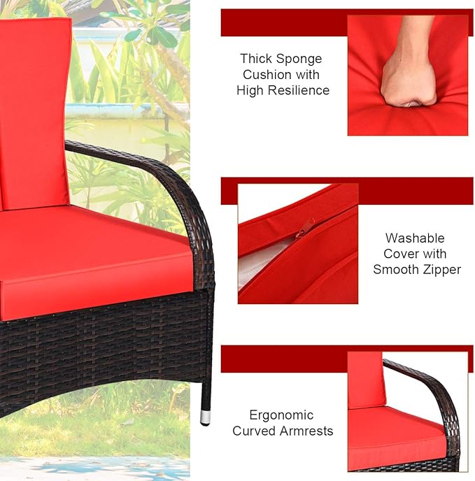 Tangkula 3-Piece Patio Conversation Set, Outdoor Wicker Furniture Set, Rattan Coffee Table & Chairs Set with Cushions, Outdoor Conversation Set for Garden Balcony Backyard (Red)