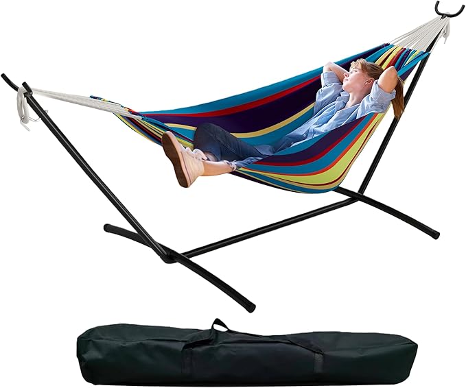 Double Hammock with Stand - Heavy Duty 450lbs Capacity, Portable Cotton Hammock for 2 Adults, Indoor & Outdoor Use with Travel Bag, Quick Assembly, Tropical Stripe Pattern