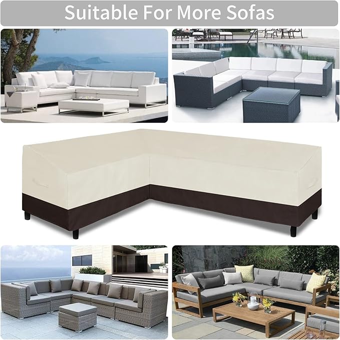 Easy-Going Patio L-Shaped Sectional Sofa Cover, Waterproof Outdoor Sectional Cover, Heavy Duty Garden Furniture Cover with Air Vent (Left Facing, Beige/Dark Brown)