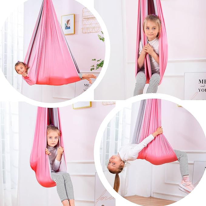 Yoga Swing for Kids Hammock Children Hangin Indoor Outdoor Autism Aspergers,ADHD Kids Hangin Therapy Swing 90inch x 59inch (Hardware Included) Pink and Gray