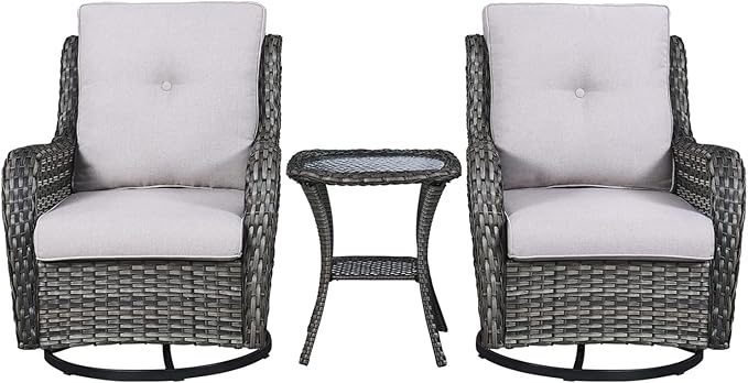 Rilyson Wicker Rocking Chair Swivel Chairs - 3 PC Rocker Patio Furniture Set Rattan Rocking Bistro Sets with Glass Top Side Table for Outdoor Porch Deck Garden Backyard (Mixed Grey/Beige)