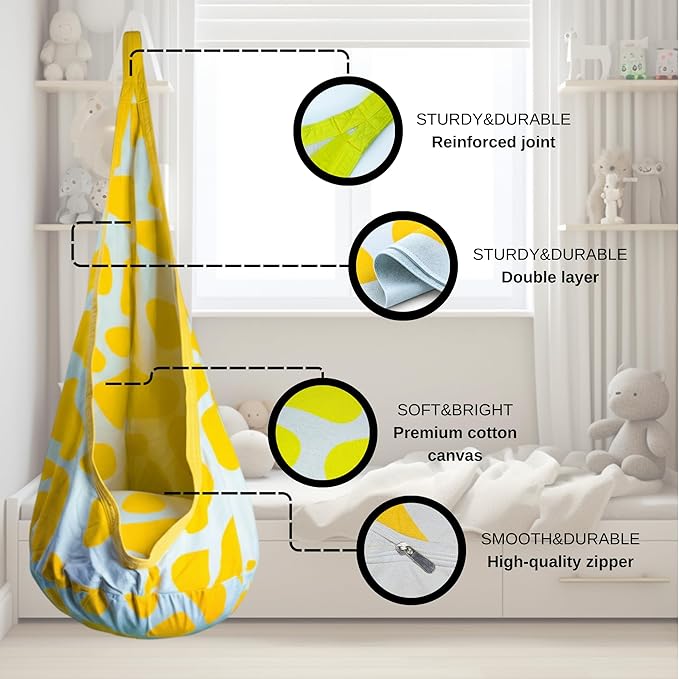 Calming Sensory Swing — Indoor Sensory Hammock for Kids & Adults, Supports up to 170 lb (77 kg), Double-Layer Canvas Fabric, Hanging Hardware Included, White-Yellow
