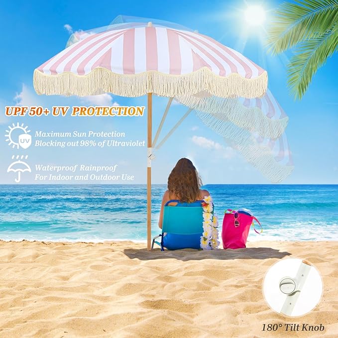 Table Umbrella Windproof 6.5ft Boho Beach Umbrella With Fringe UV50+Tassel Umbrellas Portable Outdoor Umbrella With Carry Bag Pink White Striped Patio Umbrella Tilting Wood Pole for Garden Pool