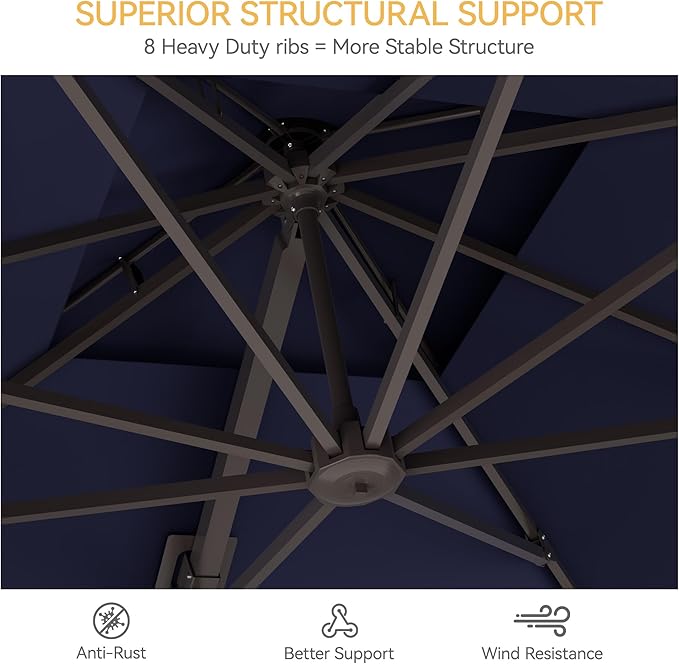 10x10 FT Patio Umbrella, Large Cantilever Double Top Heavy Duty Offset Umbrellas with 360° Rotation, Outdoor shade for Garden Deck Pool, Navy