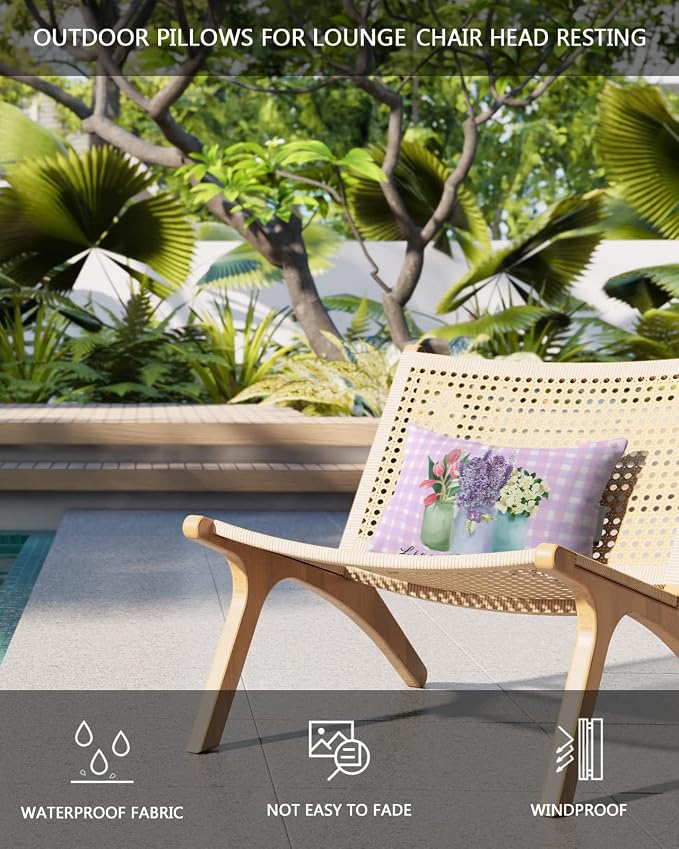 Outdoor Pillows Covers with Inserts Farmhouse Flower Floral Lavender Vase Pink Plaid Waterproof Pillow with Adjustable Strap Throw Pillows for Patio Furniture Recliner Lounge Chair, 11x16 inch, 1PCS