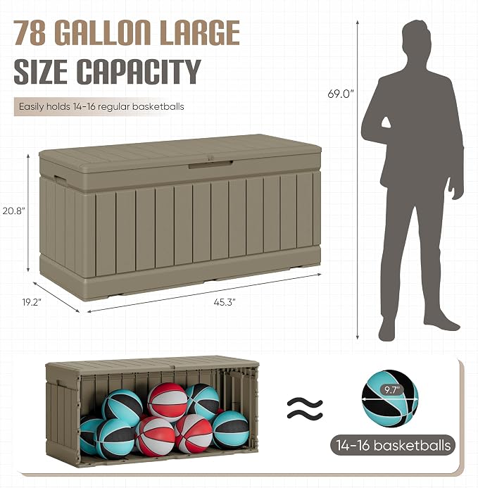 JUMMICO 78 Gallon Outdoor Deck Box Large Resin Storage Box for Patio Furniture Cushions and Garden Tools (Light Brown)