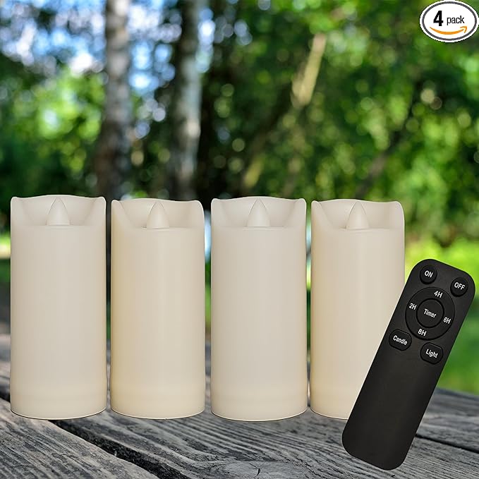 iZAN 4 Pack Flameless Battery Operated LED Pillar Candles with Remote Outdoor Waterproof Flickering Decorative Lights for Halloween Christmas Home Kitchen Décor Wedding Party Event Decorations 2”x4”