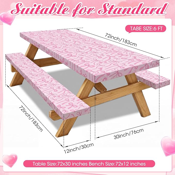 SmoothNovelty Pink Bow Picnic Table Cover with Bench Covers for 6 ft Tables, Fitted Elastic Polyester Waterproof Camping Tablecloth for Women Birthday Party Supplies Cute Patio Picnic BBQ Decor