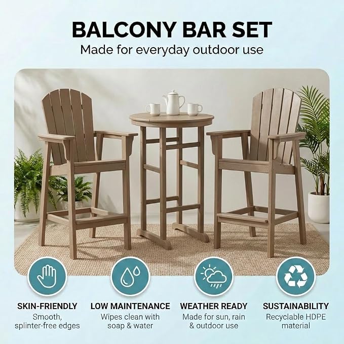 3-Piece HDPE Bar Height Table and Chairs Set, 31.1" Square High Top Pub Table with Umbrella Hole, 2 Adirondack Charis with Cup Holders, Outdoor Patio Dining Set for Bistro Backyard Deck Natural