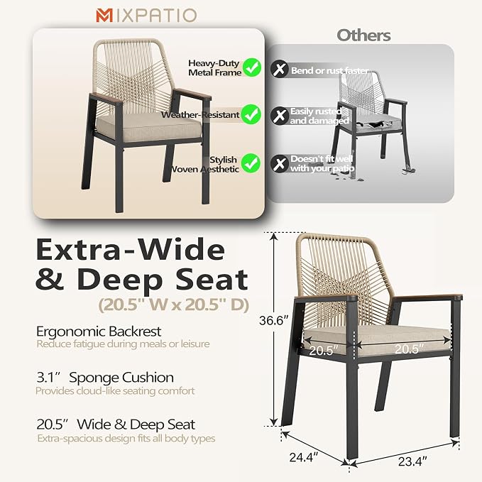MIXPATIO 9 Pcs Outdoor Dining Set, 8 Rattan Fixed Chairs with Soft Cushion and 57.5" Square Table with Umbrella Hole, Patio Table and Chairs for Backyard Porch