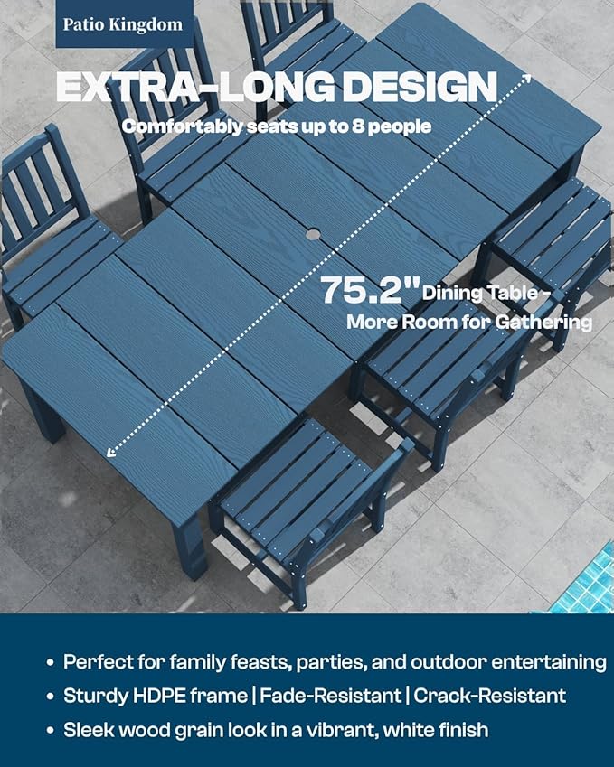 9-Piece Outdoor Dining Set for 8, 75.2" HDPE Table with Umbrella Hole & 8 Chairs, All-Weather Patio Furniture for Lawn, Yard, Deck, or Poolside, Fade & Crack Resistant (Navy Blue)