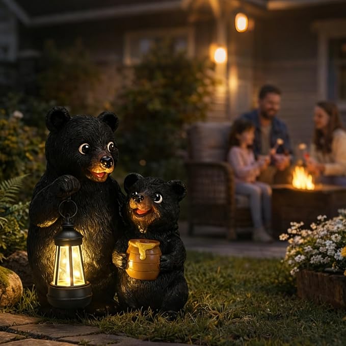 Lavezee Garden Bear Statues 8.9‘’, Mother and Baby Bear Figurines with Solar Lantern for Outdoor Porch Yard Lawn, Unique Bear Gifts for Mom Grandma Women
