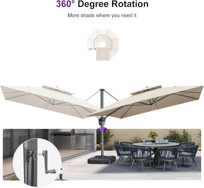 PURPLE LEAF 12FT Sunbrella Cantilever Umbrella Outdoor Large Heavy Duty Double Top Offset Hanging 360° Rotation Square Umbrella for Garden Patio Deck Pool Backyard Spectrum Sand