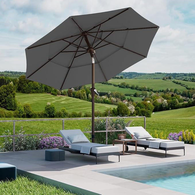 PatioKingdom 9ft 3-Tier Patio Market Umbrella with Crank/Tilt, Commercial Heavy Duty Wind Proof,Outdoor Table Umbrella with 8 Fiberglass Ribs,UPF50+ for Deck,Pool,Garden,Backyard (Gray)