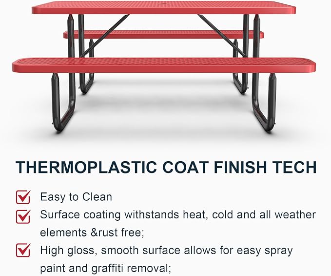 KEIKI 72" Heavy-Duty Metal Picnic Table with Benches, Commercial Outdoor Steel Table with 2.12" Umbrella Hole, 2.5mm Mesh Top, Rust-Resistant Coating, Patio Backyard Park Dining Furniture, Red