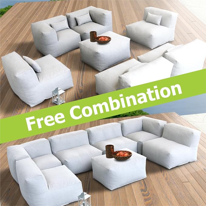 Patio Furniture Set Bean Bag Outdoor Chairs Sectional Conversation Patio Set Daybed Furniture Outdoor Sofa Couch High Density Foam Filling Modern Comfy Patio Couch (Light Gray), A01-7G