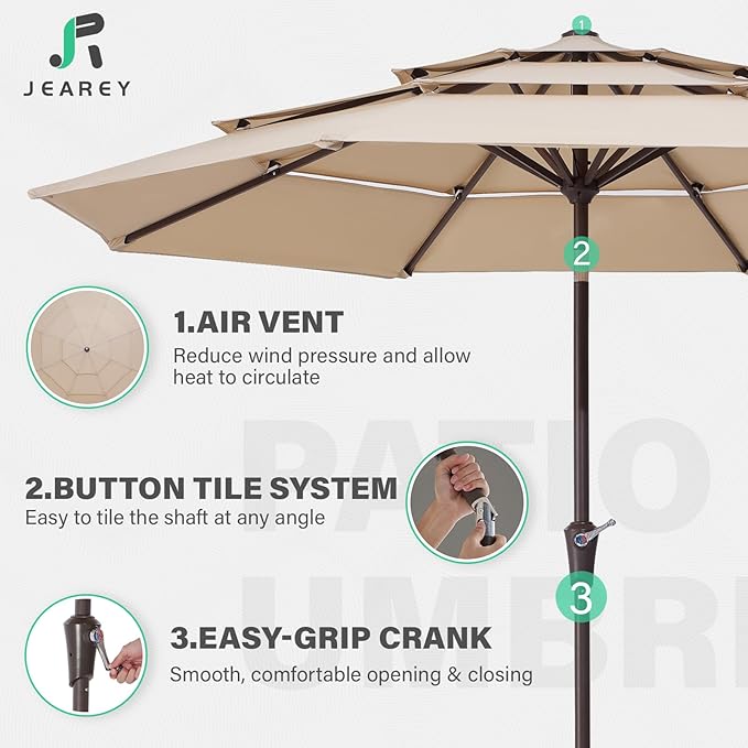 JEAREY 9FT 3 Tier Patio Umbrella Outdoor Market Umbrella Table Umbrellas with 8 Ribs 1.5 Pole Push Button Tilt and Crank UV Protection for Garden,Beige