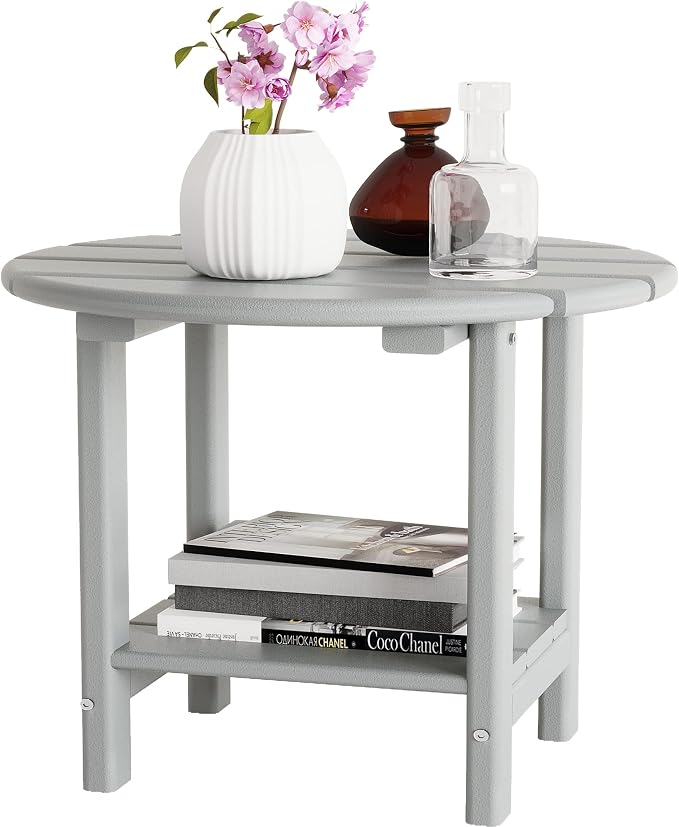 Sundale Outdoor 18" Round Side Table, Patio Adirondack Small End Table All Weather HDPE Water Resistant 2 Tier Round Outside Table for Pool, Garden, Beach, Grey