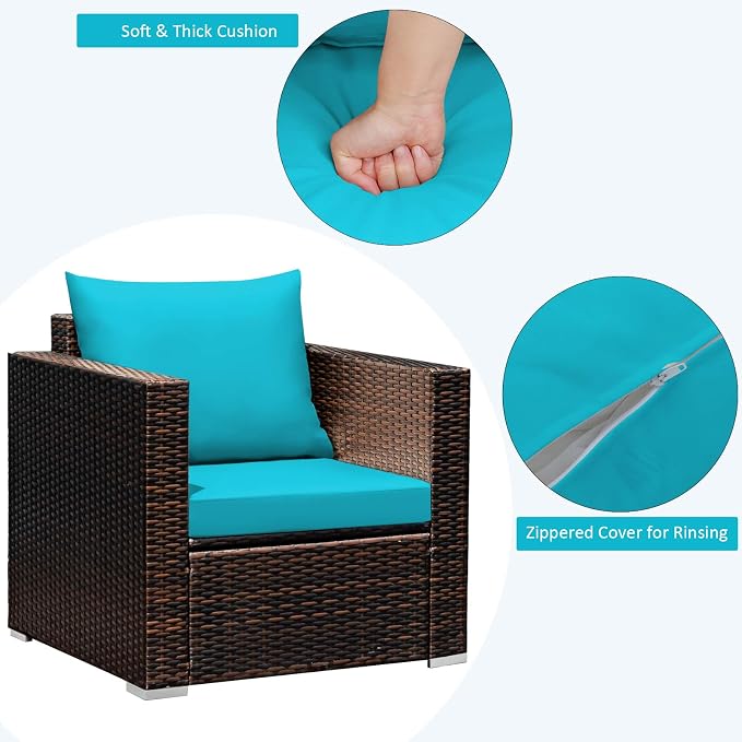 Patio Conversation Set Outdoor, 3-Piece Rattan Wicker Furniture Set with Water-Resistant Cushion & Tempered Glass Tabletop, Patio Furniture Set for Balcony, Porch, Poolside (Turquoise)