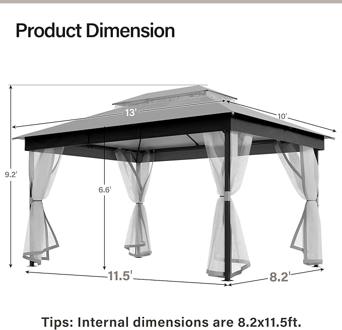LAUSAINT HOME Patio Gazebo 10'x13', Outdoor Heavy Duty Party Tent Shelter with Double Roofs, Mosquito Nettings for Backyard, Garden, Lawn, Gray