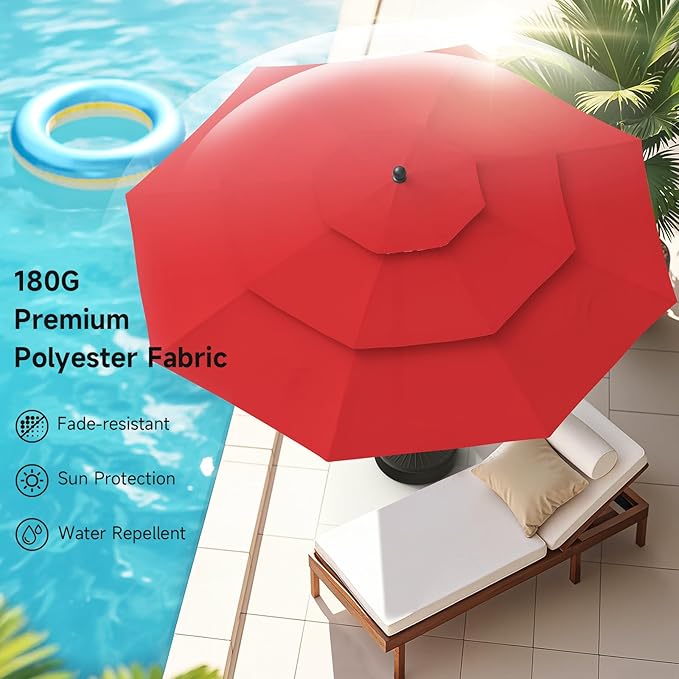 ONBRILL 9 FT Outdoor Patio Umbrella, 3 Tier Market Table Umbrella with 8 Sturdy Fiberglass Ribs and 1.5’’ Pole, Smooth Button Tilt Patio Umbrella for Backyard Pool Garden, Red(No Base)