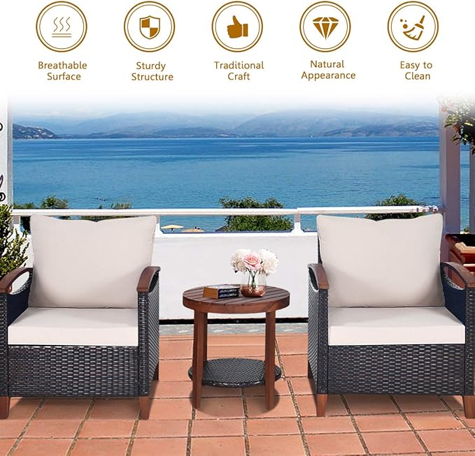 HAPPYGRILL 3 Pieces Patio Conversation Set Outdoor Rattan Wicker Sofa Set with Cushion & Acacia Wood Frame, Coffee Table and Chairs Set for Garden Poolside Balcony