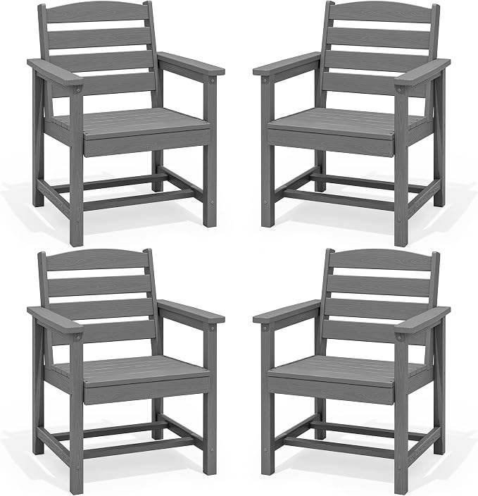 SERWALL Outdoor Dining Chairs Set of 4 with Arms, All-Weather HDPE Patio Chair with 19.7" Widened Seat, for Backyard, Garden, Gray